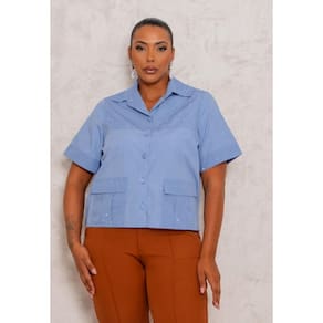 Camisa Feminina Plus Size Chambray Jeans com Brilho