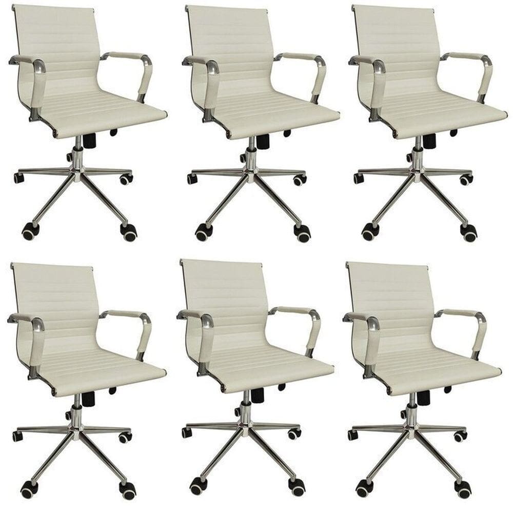 Conjunto com 6 Cadeiras Office com Rodízio e Encosto Esteirinha Baixa Branco
