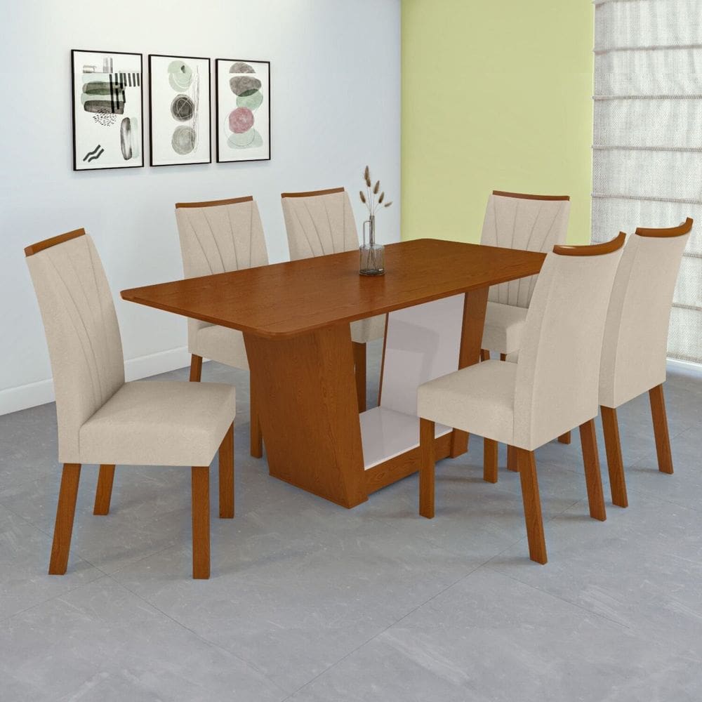 Conjunto Mesa 170cm Apogeu Tampo Mdf no Glass com 6 Cadeiras Apogeu Frassino/Off White/Creme