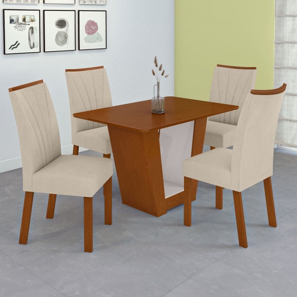 Conjunto Sala de Jantar Mesa 120cm Tampo Mdf no Glass 4 Cadeiras Apogeu Frassino/Off White/Creme