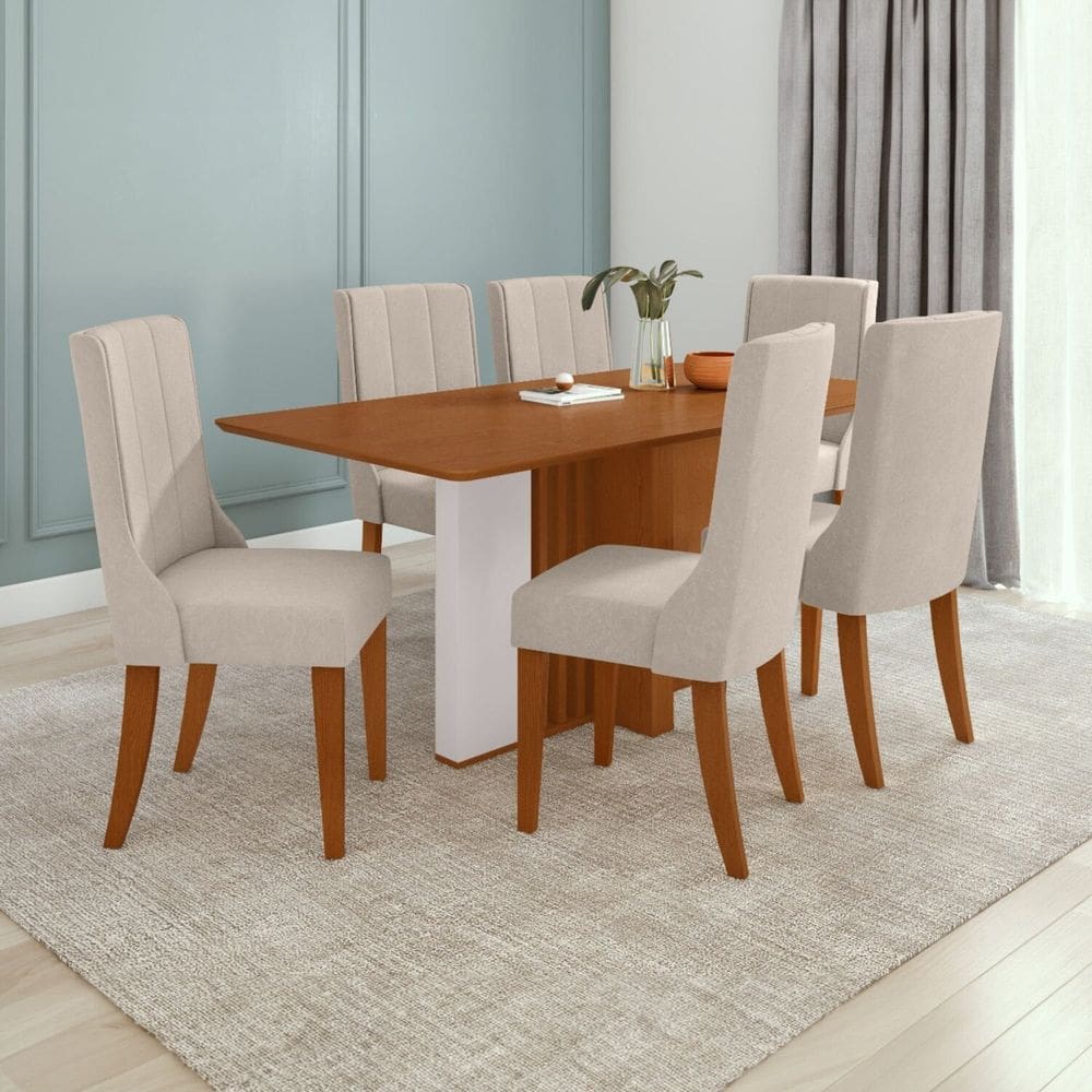 Conjunto Mesa 170cm Astrid Tampo Mdf no Glass e 6 Cadeiras Celina Frassino/Off White/Creme