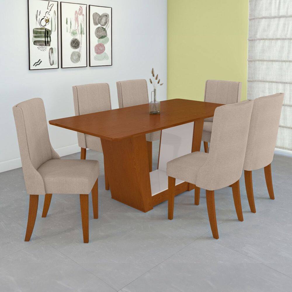 Conjunto Mesa 170cm Apogeu Tampo Mdf no Glass com 6 Cadeiras Celina Frassino/Off White/Bege