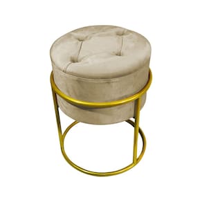 Puff Decorativo Redondo com Capitonê Base de Ferro Dourada Tecido Veludo Bege