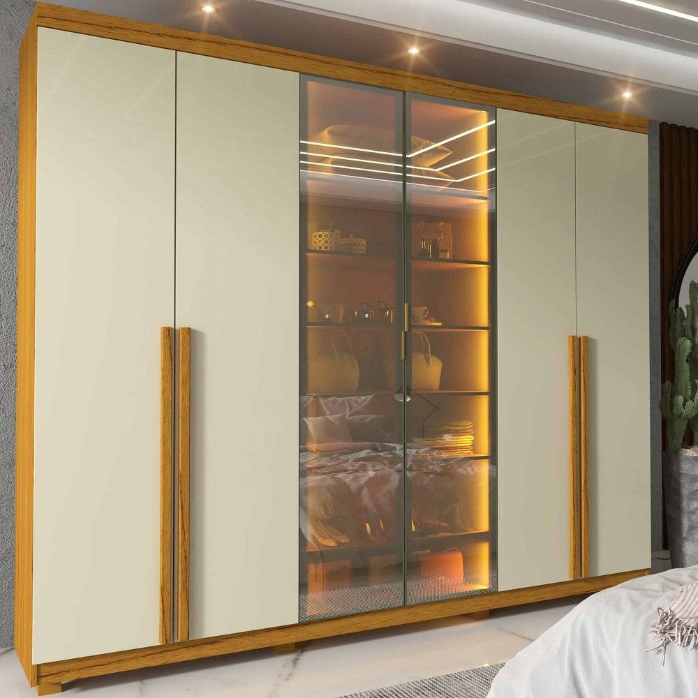 Guarda Roupa 6 Portas Casal Reflecta LED Imperatriz Naturale Off White - Gelius