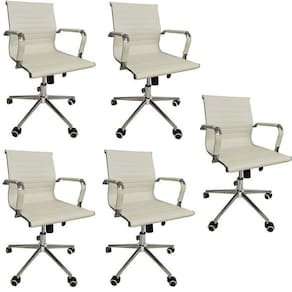 Conjunto com 5 Cadeiras Office com Rodízio e Encosto Esteirinha Baixa Branco