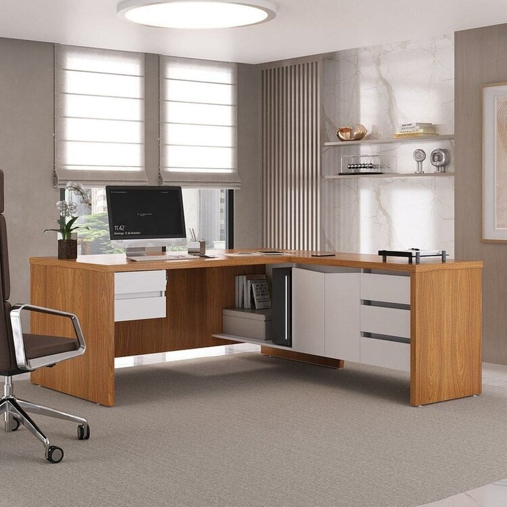 Kit 2 Peças com Mesa Diretor Y37 em L com 3 Gavetas e Gaveteiro Organizador Freijó/Branco