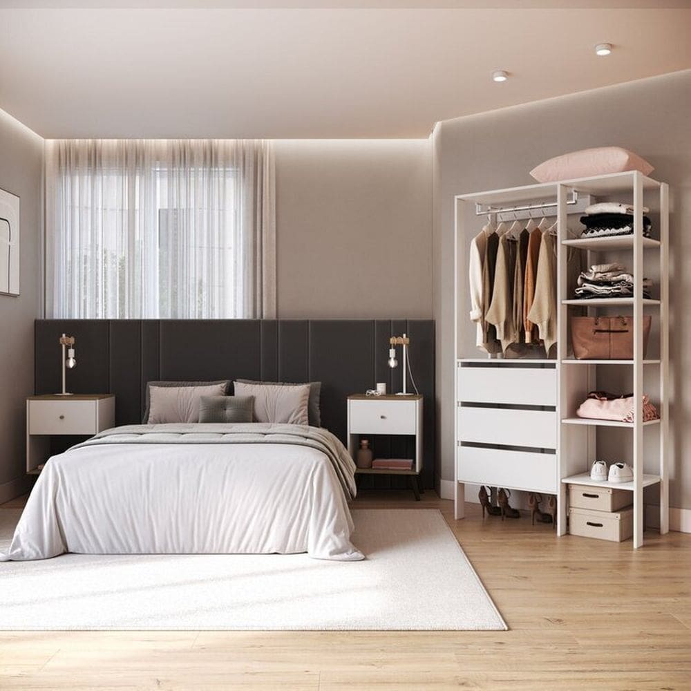 Quarto com Guarda Roupa Closet de 3 Gavetas e 2 Mesas de Cabeceira com 1 Gaveta Branco / Mel