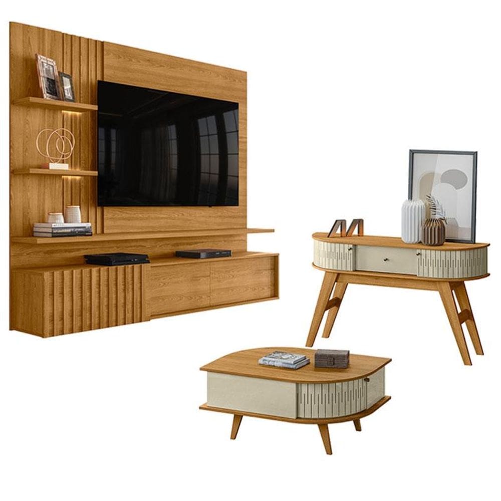 Estante Home Theater Suspenso Atena com Aparador Estoril e Mesa de Centro Indianápolis Cumaru Opala - Madetec
