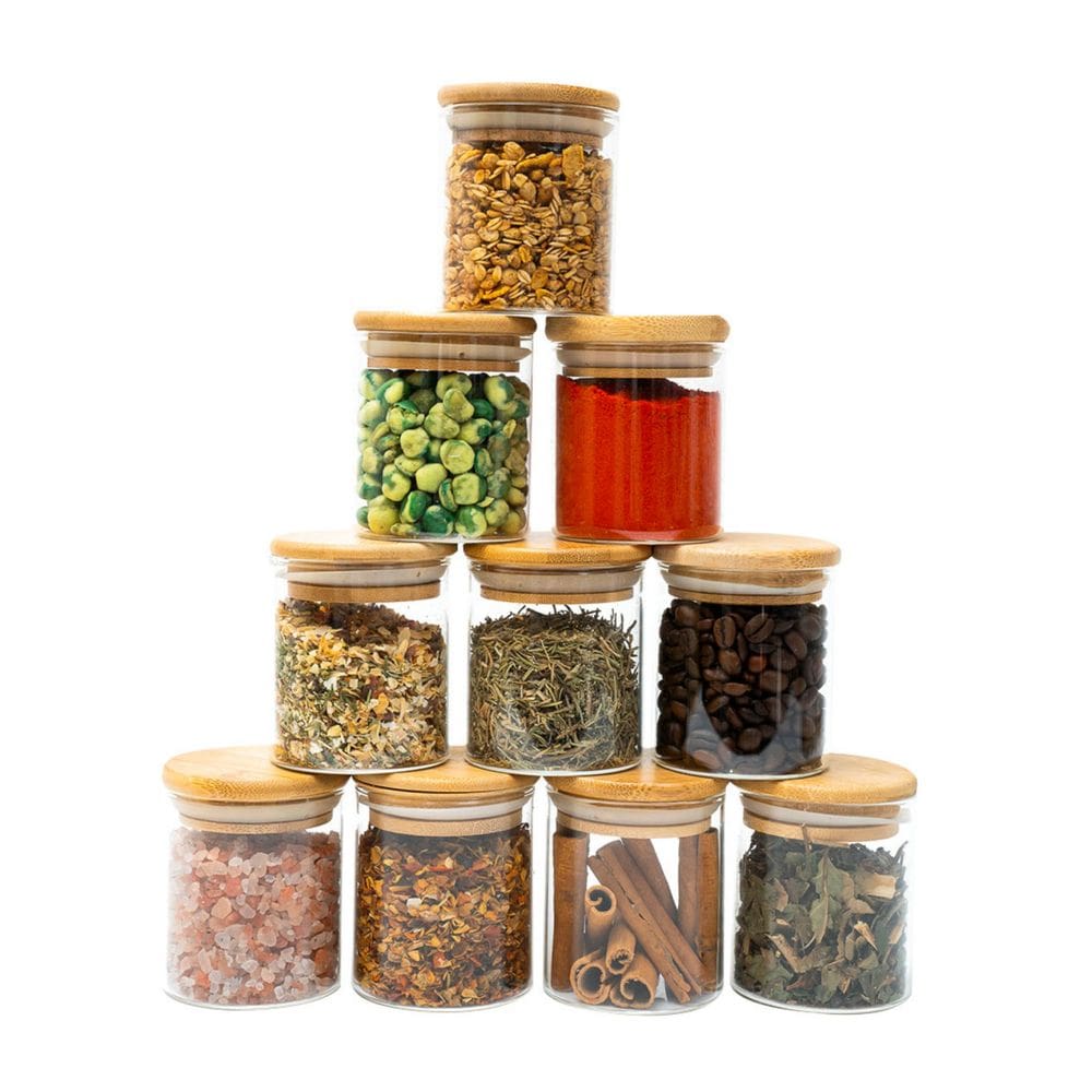 Kit 10 potes de vidro 200ml tampa de bambu herméticos redondos - Tüd