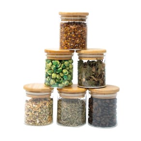 Kit 6 potes de vidro 200ml tampa de bambu herméticos - Tüd