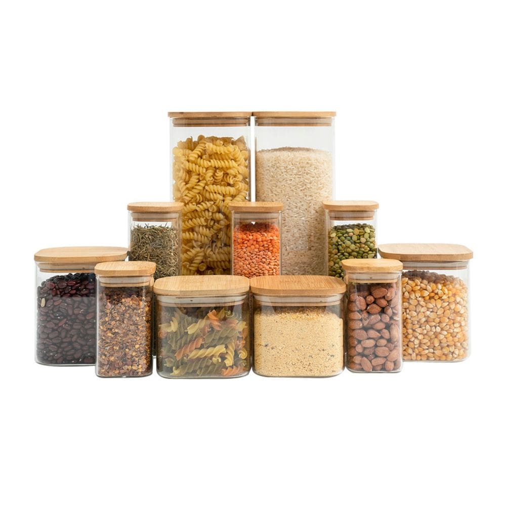 Kit 11 potes de vidro com tampa de bambu herméticos - Tüd
