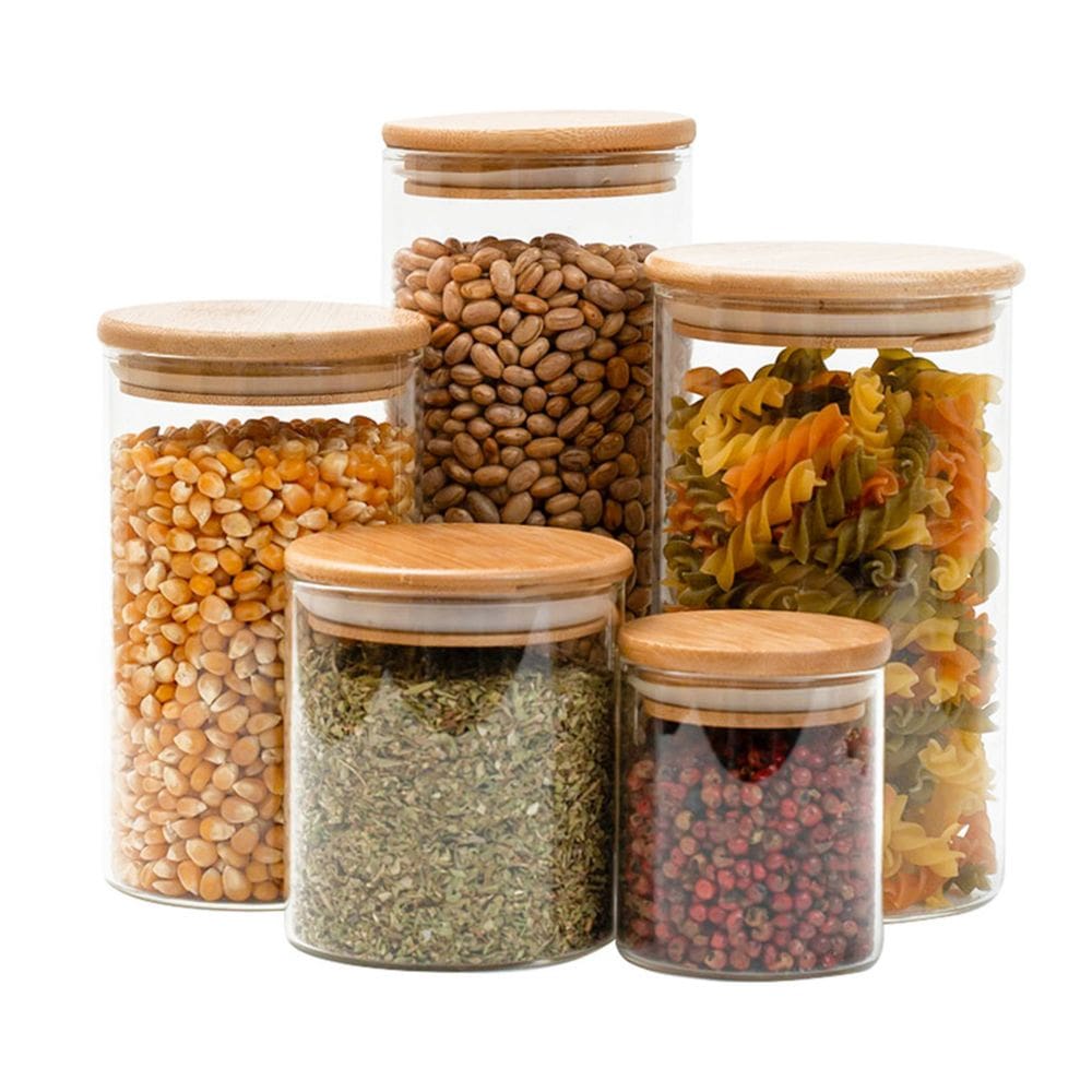 Kit 5 potes de vidro tampa de bambu herméticos redondos - Tüd