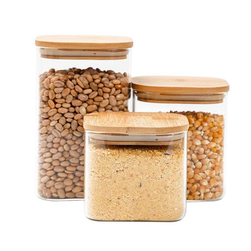 Kit 3 potes de vidro tampa de bambu herméticos quadrados - Tüd
