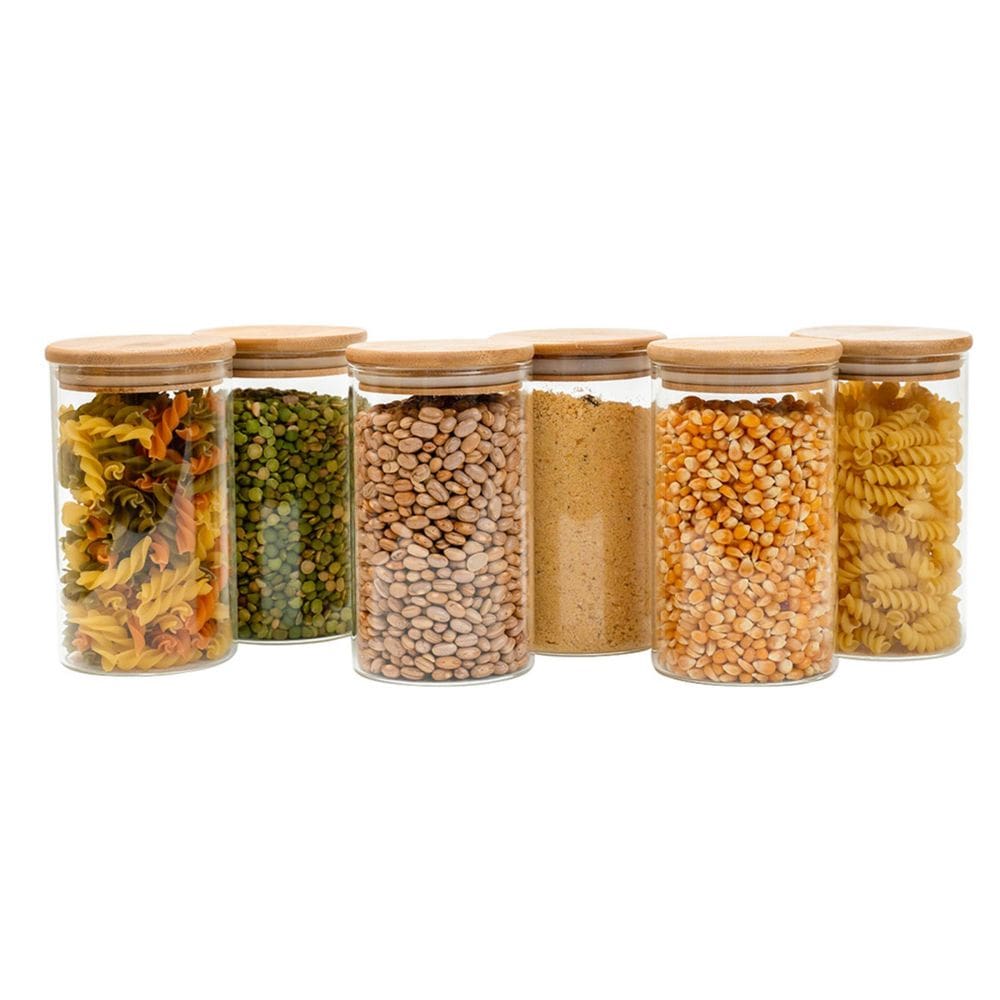 Kit 6 potes de vidro 600ml tampa de bambu herméticos redondos - Tüd