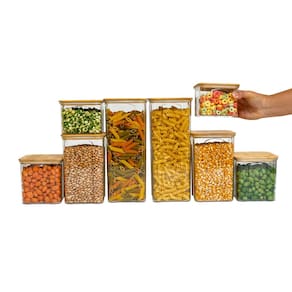 Kit 8 potes de acrílico com tampa de bambu herméticos quadrados - Tüd