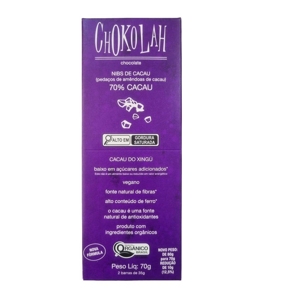 Chocolate 70% Cacau Nibs Baixo Em Açúcares Orgânico Chokolah
