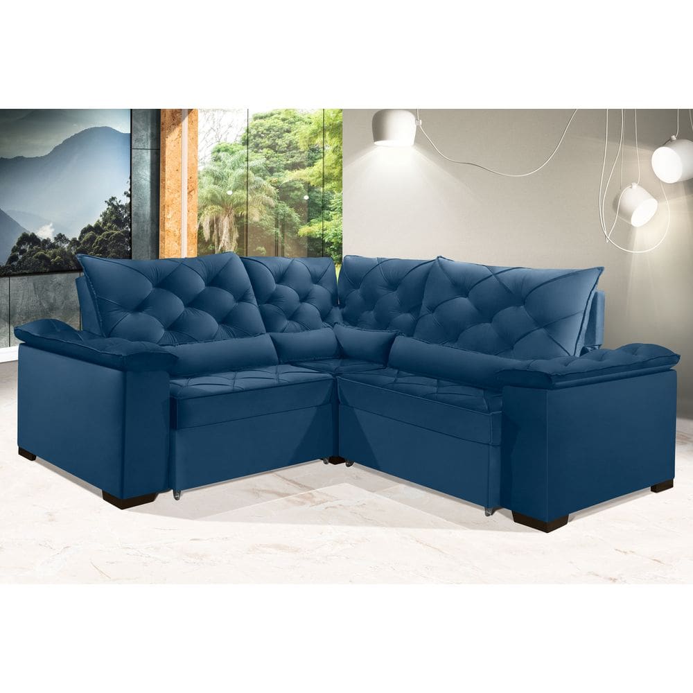 Sofá Retrátil Reclinável BERLIM DE CANTO 2.60 x 2.60 ESTILO ESTOFADOS - França Velusoft COR "AZUL"