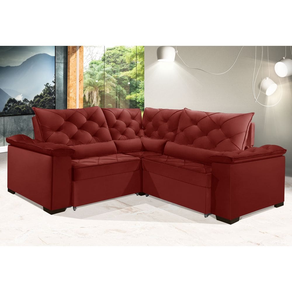 Sofá Retrátil Reclinável BERLIM DE CANTO 2.40 x 2.40 ESTILO ESTOFADOS - França Velusoft COR "VERMELHO"