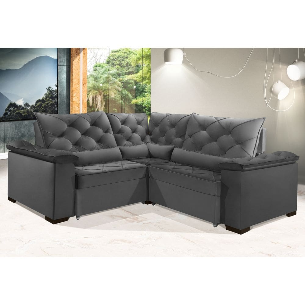 Sofá Retrátil Reclinável BERLIM DE CANTO 2.40 x 2.40 ESTILO ESTOFADOS - França Velusoft COR \"CINZA\"