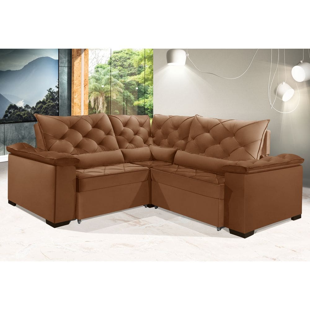 Sofá Retrátil Reclinável BERLIM DE CANTO 2.60 x 2.60 ESTILO ESTOFADOS - França Velusoft COR \"TERRACOTA\"
