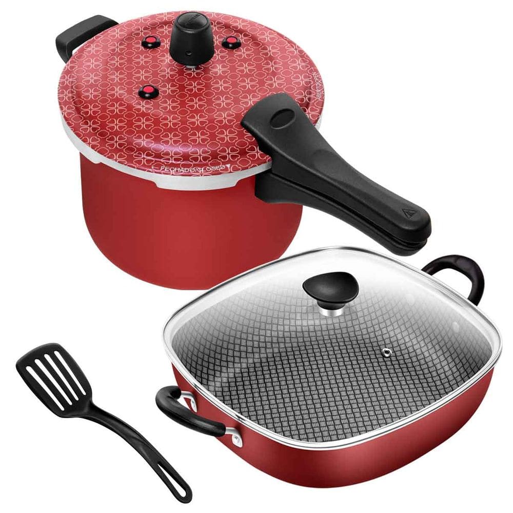 Kit Panela de Pressão Fecho Externo 5 Litros + Frigideira Quadrada 2 Alças N°29 Antiaderente Gourmet Patolux