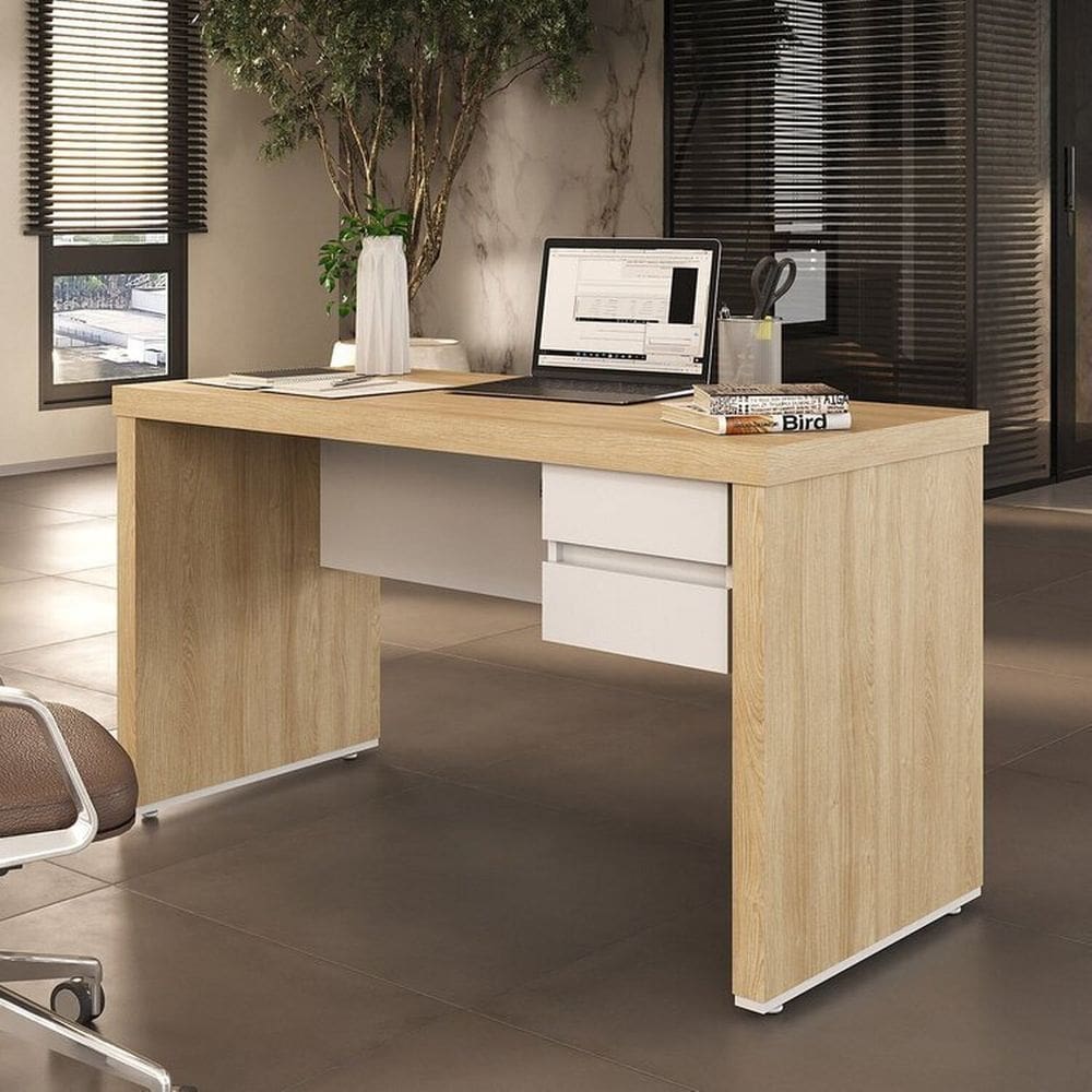 Kit 2 Peças com Mesa Operacional Elegante 1400 e Gaveteiro Suspenso Organizador Carvalho/Branco