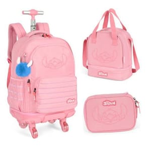 Kit Mochila Carrinho 360 Com Chaveiro Porta Notebook Stitch