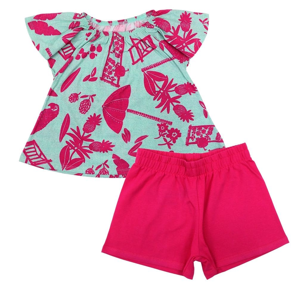Conjunto Verão Kyly Menina Bata Ciganinha Verde com Short Pink