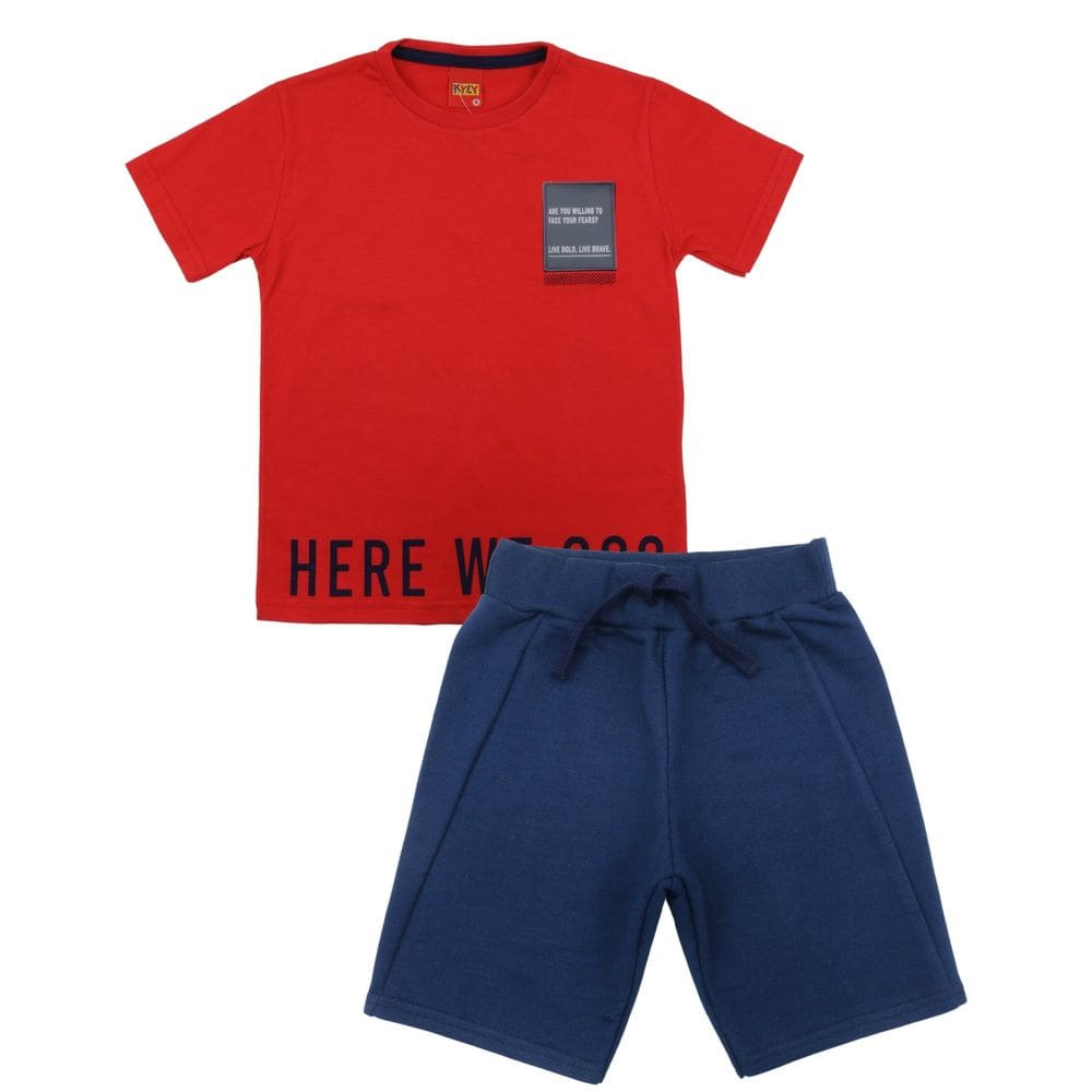 Conjunto Verão Menino Kyly Camiseta Vermelha e Bermuda Azul