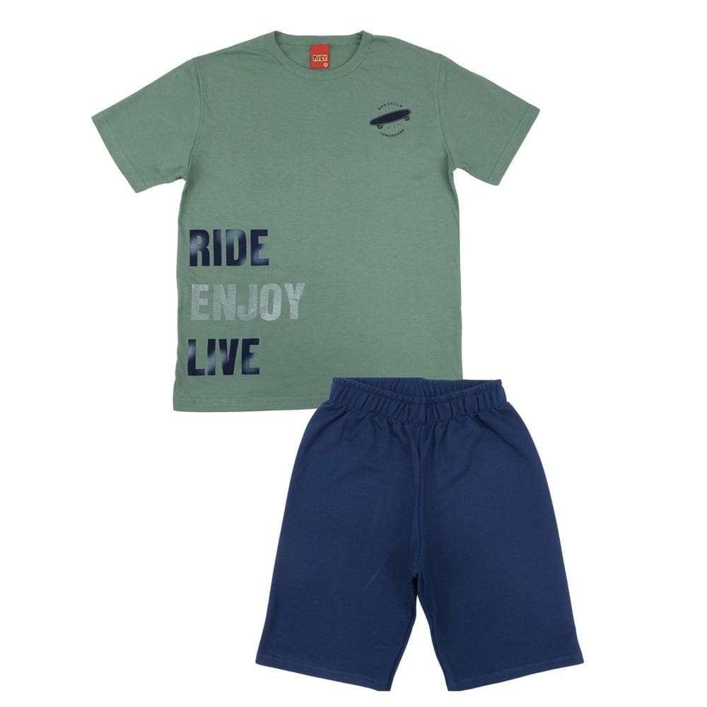 Conjunto Juvenil Menino Kyly Verde e Azul Camiseta e Bermuda