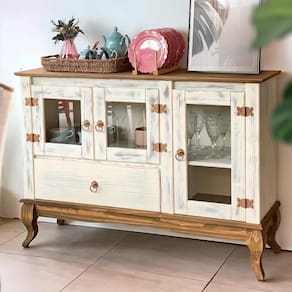 Aparador Rústico Madeira Maciça 3 Portas Vidro Branco Garapa D125 Shop JM