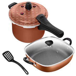 Jogo Frigideira Quadrada 2 Alças N°29 Antiaderente + Panela Pressão Fechamento Externo 5L Cobre