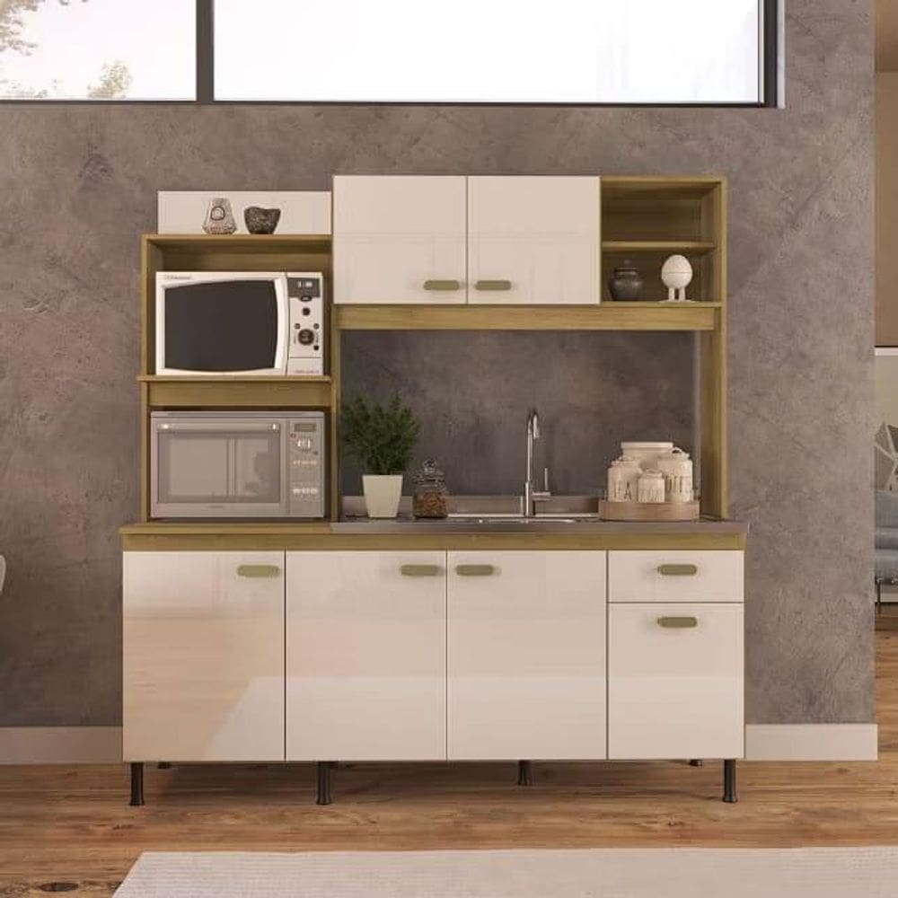 Cozinha Compacta 6 Portas e 1 Gaveta Sevilha Castani/Off White - Indekes