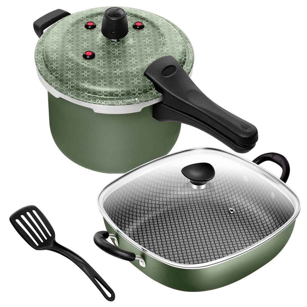 Jogo Frigideira Quadrada 2 Alças N°29 Antiaderente + Panela de Pressão Fechamento Externo 5 Litros Verde Patolux