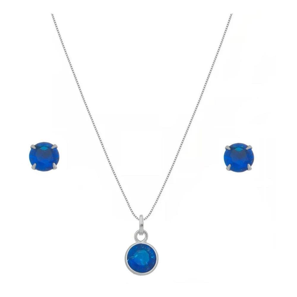 Conjunto Colar E Brinco Redondo Prata 925 Pedra Azul Escuro