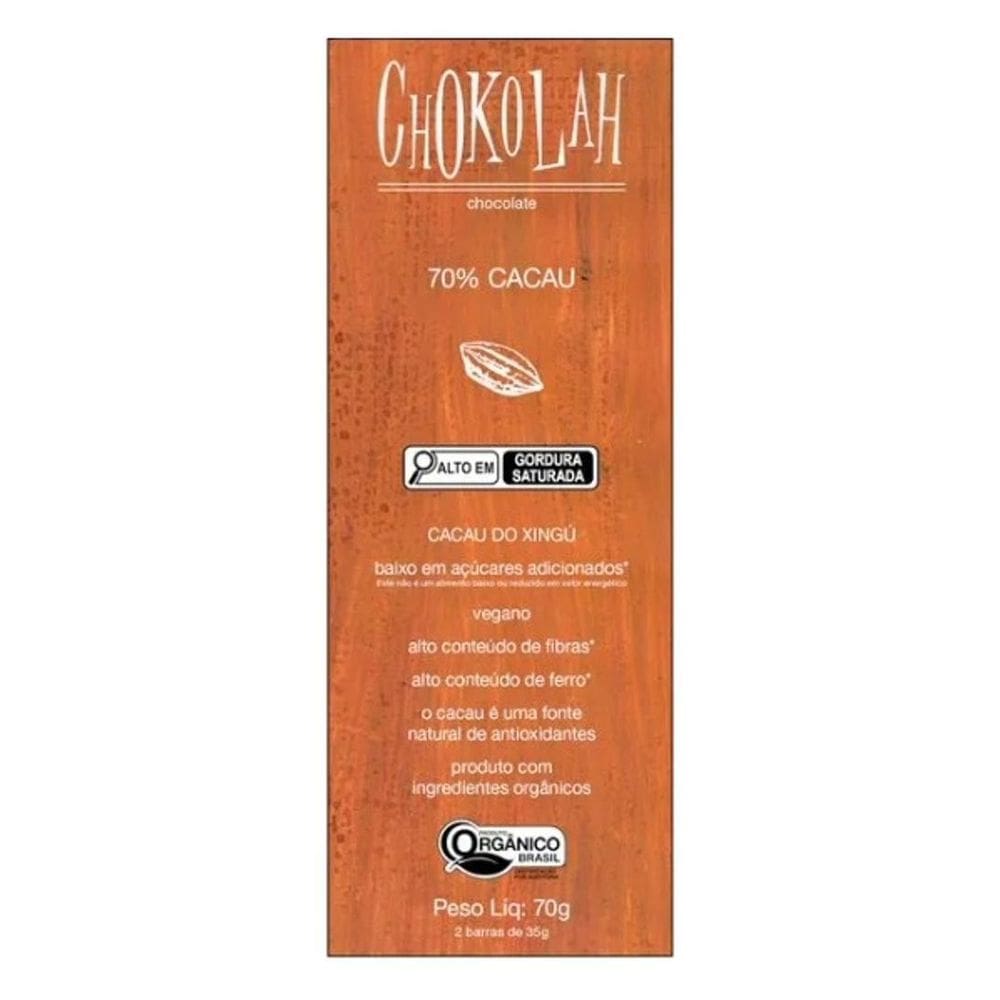 Chocolate 70% Cacau Baixo Em Açúcares Orgânico Chokolah 70G