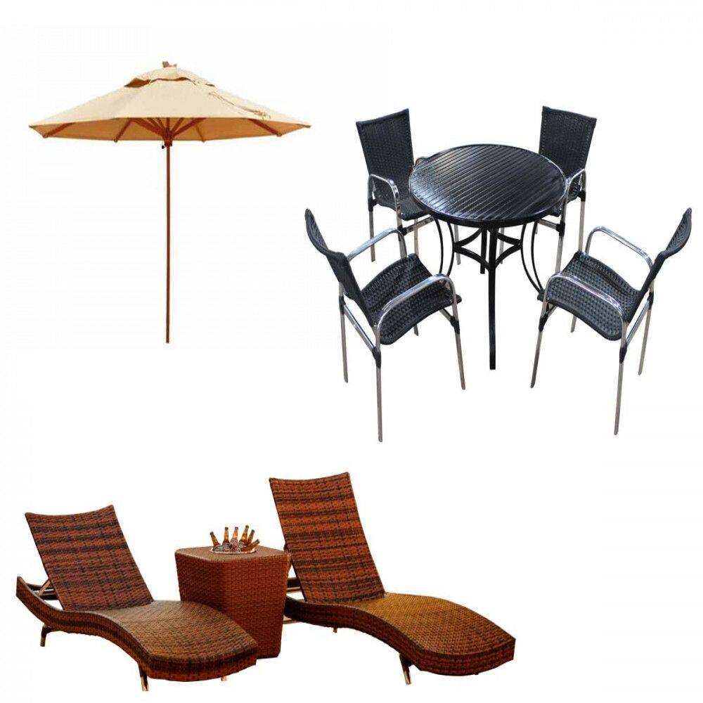 Kit 4 Cadeiras e Mesa, 2 Espreguiçadeiras Bona e Mesa com Ombrelone - Piscina, Jardim, Área - Trama