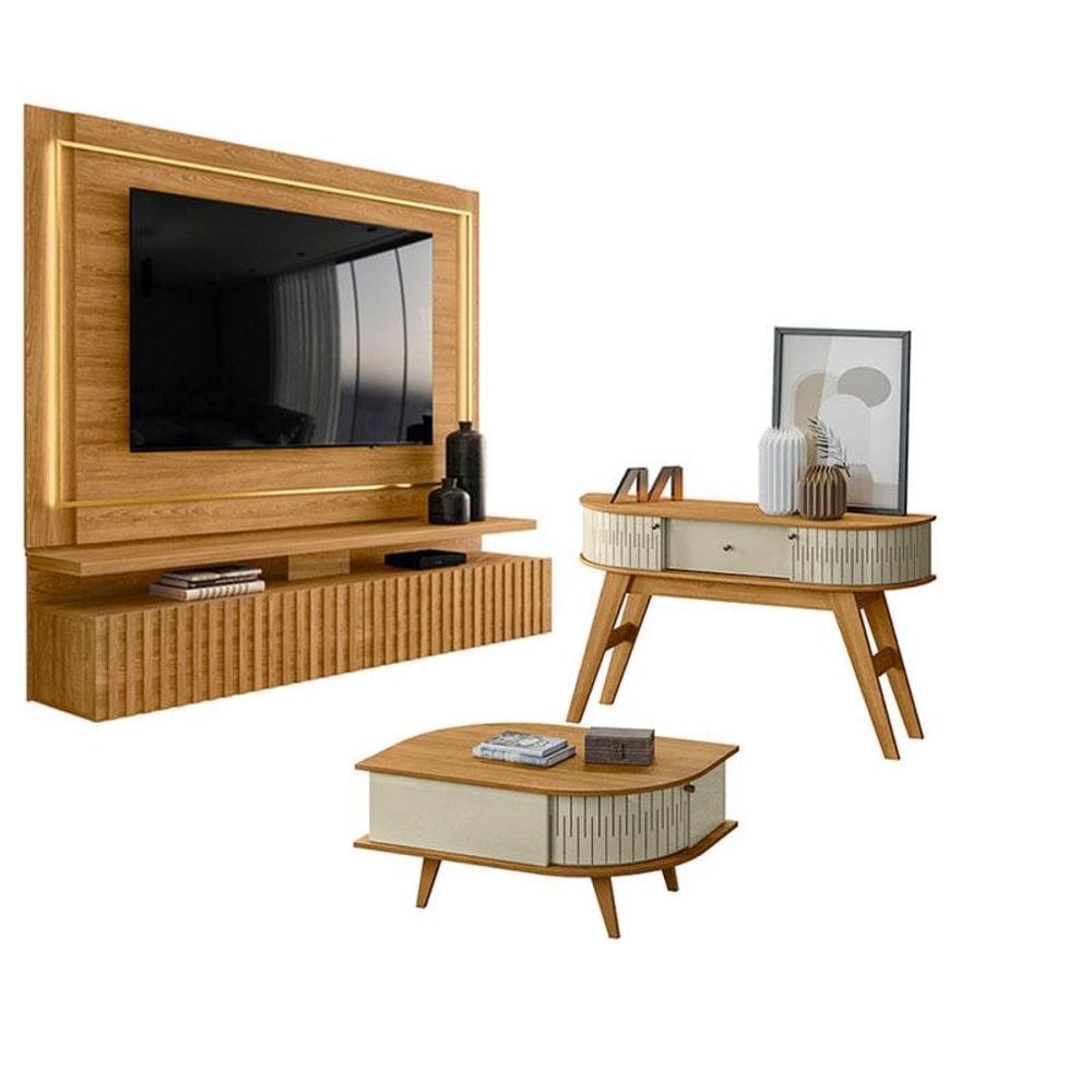 Estante Home Theater Suspenso Gaia com Aparador Estoril e Mesa de Centro Indianápolis Cumaru Opala - Madetec