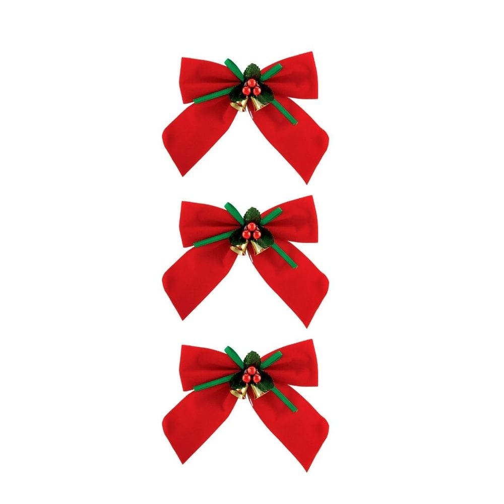Kit 3 Laços Vermelho Aveludado Decorado Mini Sinos Dourado 11x11cm - Magizi