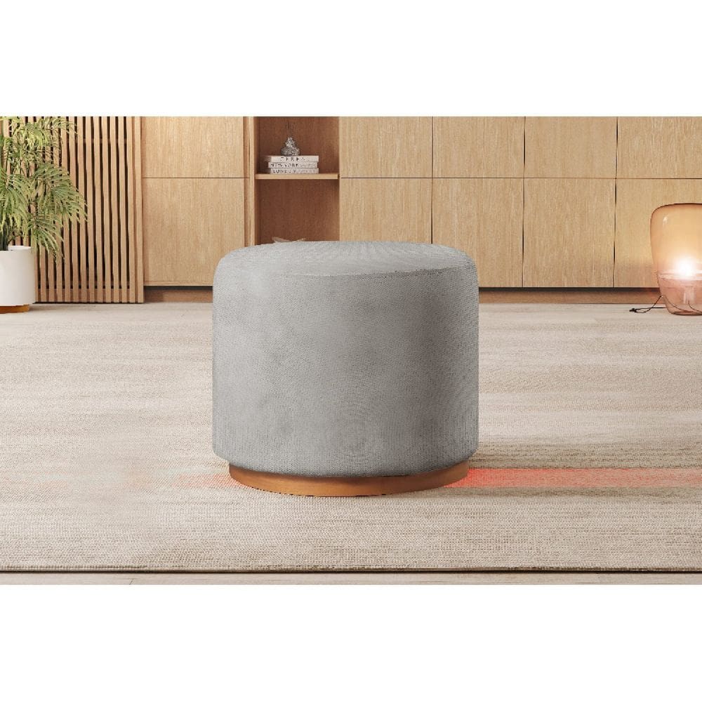 Puff Redondo para Sala Base de Madeira Linho Cinza