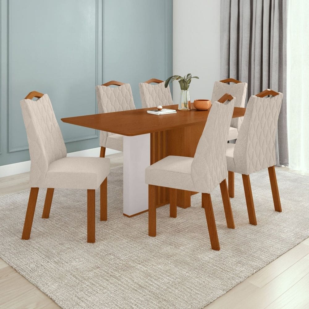 Conjunto Mesa 170cm Astrid Tampo Mdf no Glass e 6 Cadeiras Vênus Frassino/Off White/Naturale Creme