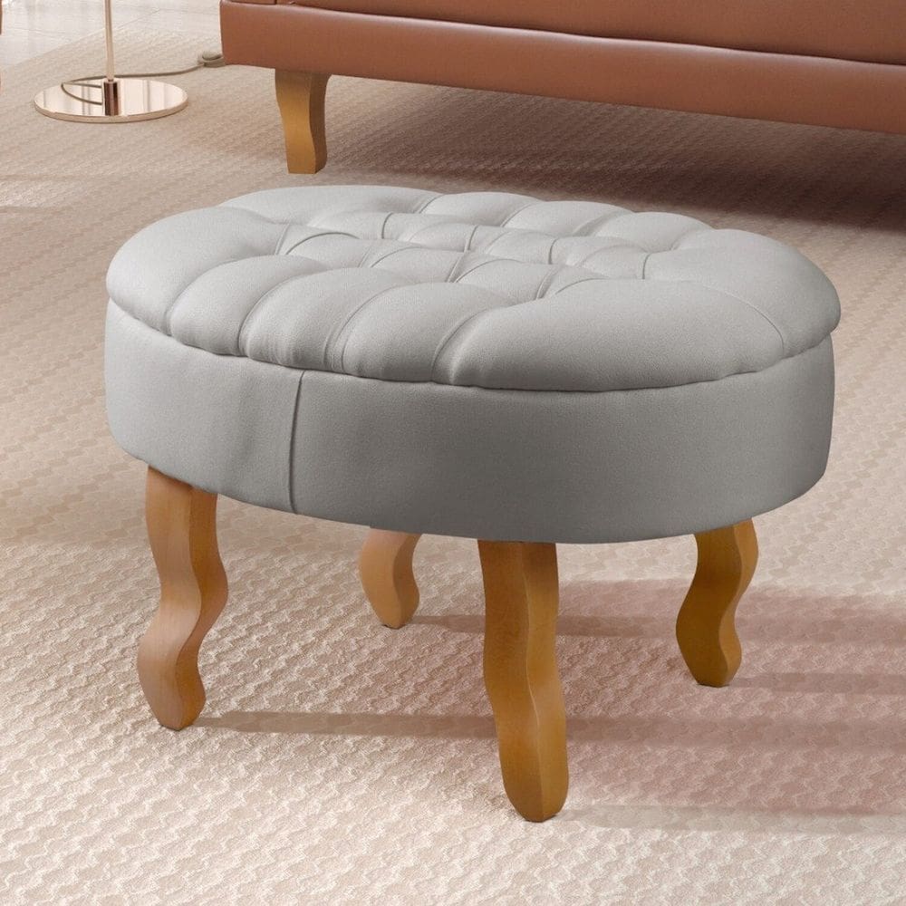 Puff Elizabeth Estilo Clássico Chesterfield Linho Cinza Claro
