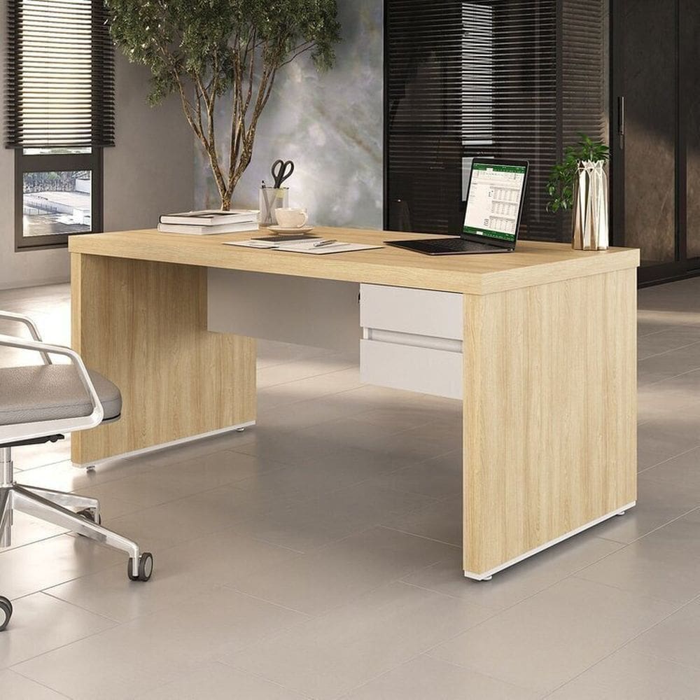 Kit 2 Peças com Mesa Operacional em Tamburato Elegante 1600 e Gaveteiro Suspenso Organizador Carvalho/Branco