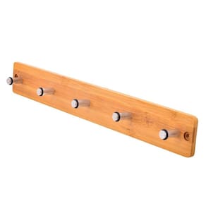 Gancho De Parede Adesivo 5 Hastes Rústico Bambu E Inox 40Cm