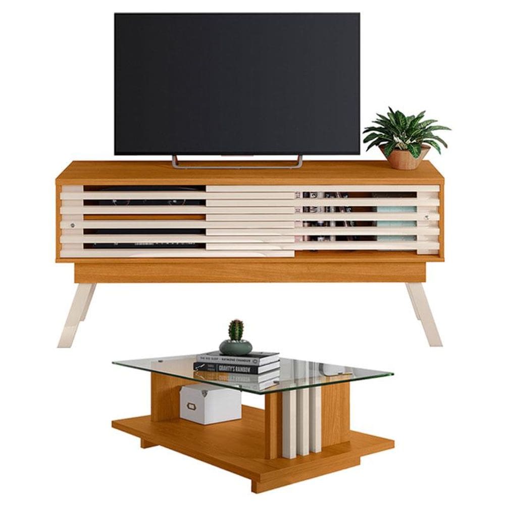 Rack Bancada com Mesa de Centro Frizz 1.5 Cinamomo Off White - Madetec