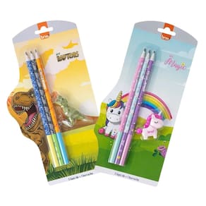 Kit Escolar Lápis HB + Borracha Divertida Decorada Tema Magic Unicórnio / Raptor Dinossauros - BRW