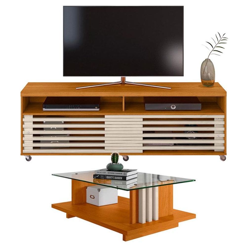 Rack Bancada com Mesa de Centro Frizz Cross Cinamomo Off White - Madetec