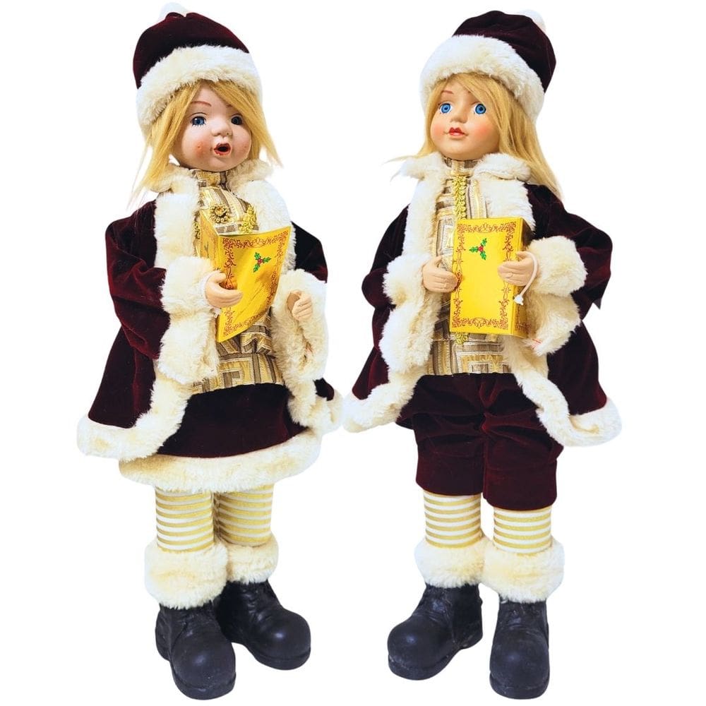 Jogo 2 Bonecos Coral Natalino Decorativo Musical à Corda Vinho e Creme Luxo 42cm - Noel Decor