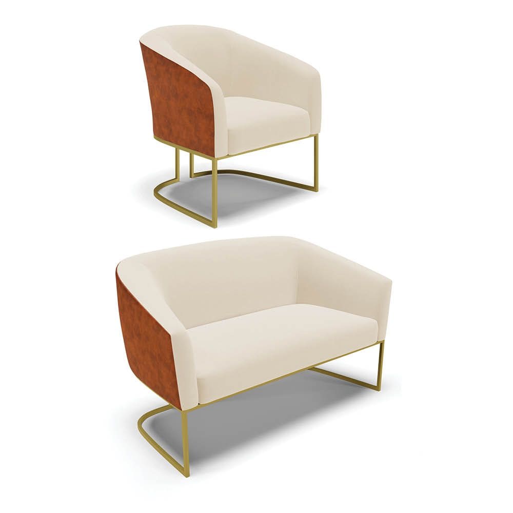 Namoradeira e Poltrona Industrial Dourado Stella Noz/Linho Bege D03 - D`Rossi