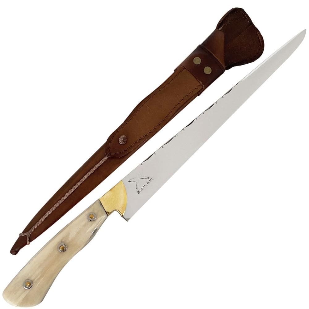 Faca Língua de Chimango 12" Aço inox 420c 4mm Cabo de Chifre e Bainha de Couro Zanline